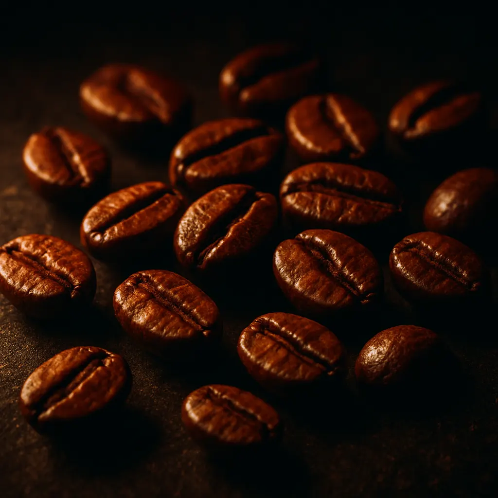 Roasted coffee beans glistening under warm light