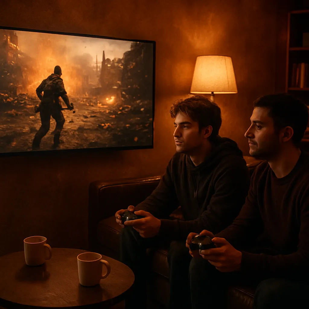 Two friends playing PlayStation on a couch in a warmly lit cafe lounge
